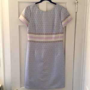 Pale blue and silver short-sleeve fancy dress by Sara Campbell.